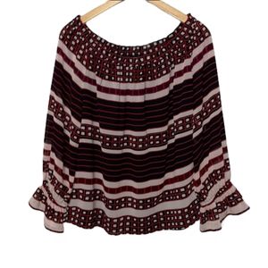 Ann Taylor Loft Geometric Print Blouse With Ruffled Sleeves Large